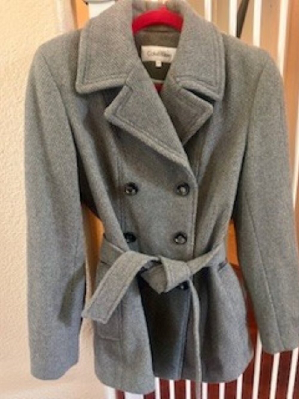Calvin Klein Gray Wool Blend Peacoat Jacket Size 6 Belted Double Breasted Coat